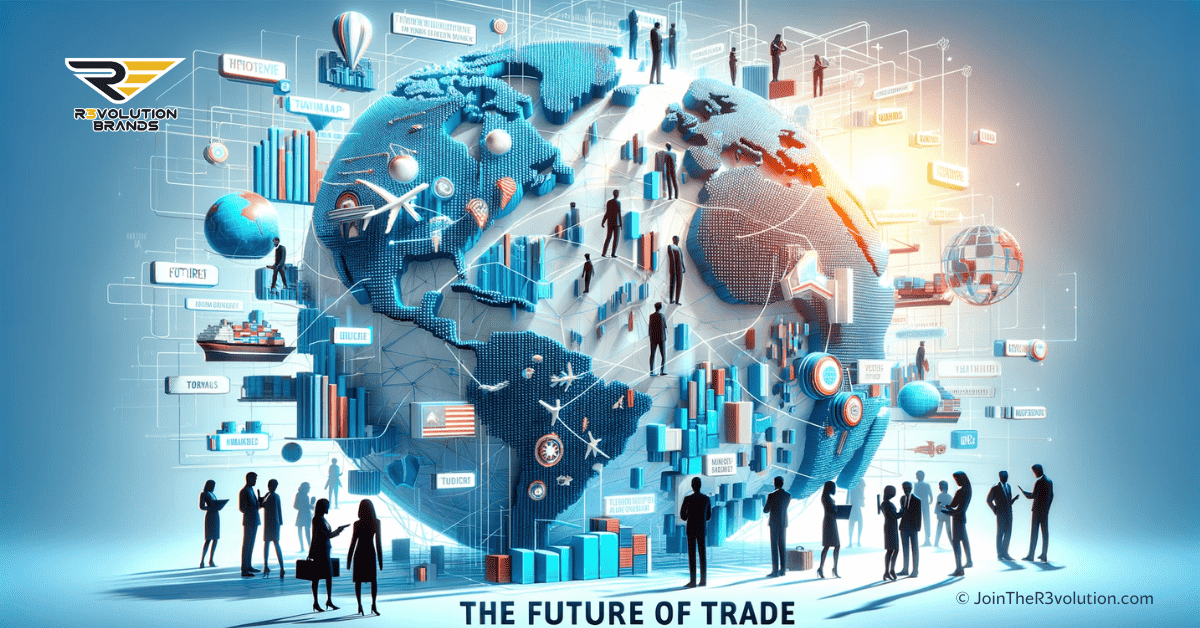 A 3D image depicting abstract global networks and interconnected trade routes, with silhouettes of diverse business figures engaging in international commerce, using bold colors #EBB61A and #222222.
