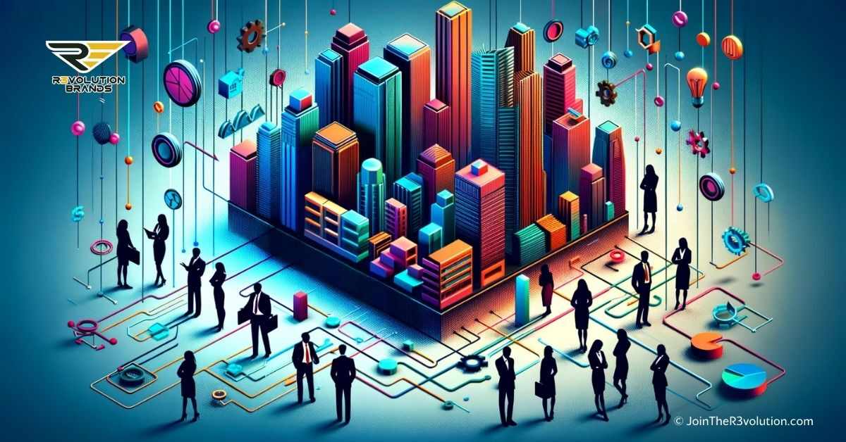 A 3D image depicting abstract corporate buildings, interconnected network symbols, and silhouettes of diverse business people in a corporate setting, using bold colors with a focus on #EBB61A and #222222