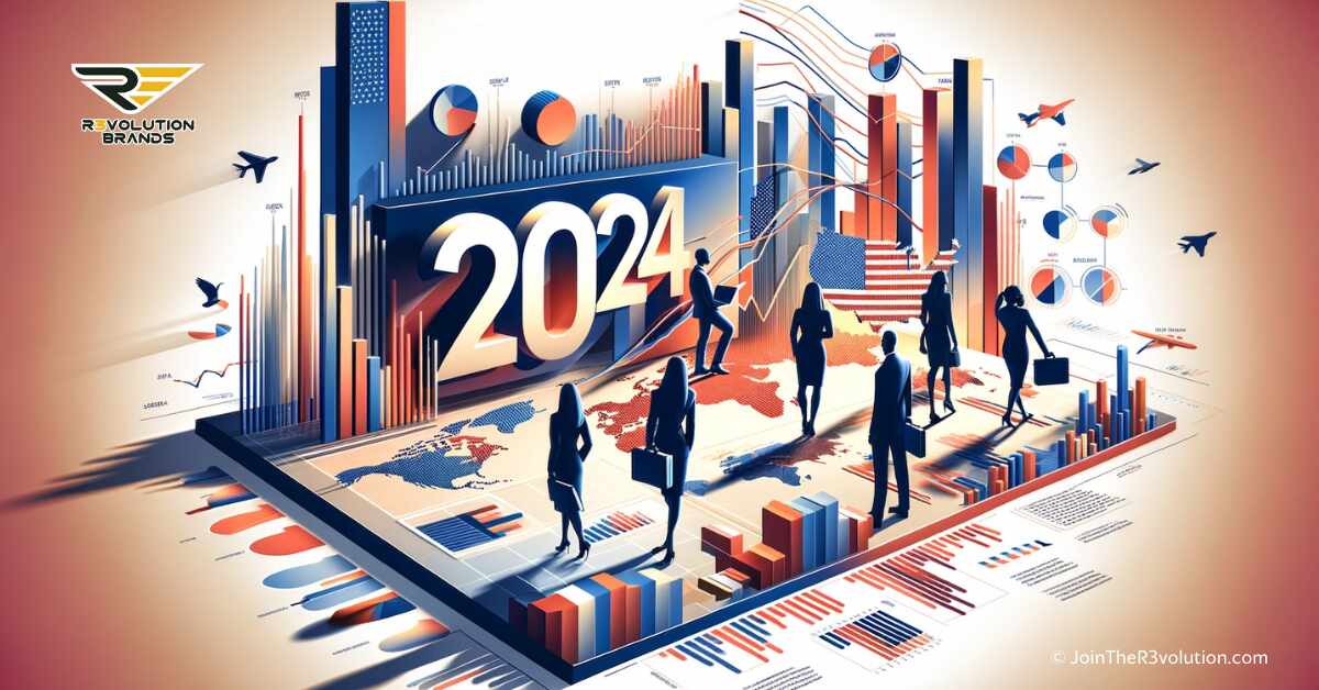 A 3D image illustrating dynamic business growth in the USA, with elements like dynamic graphs and maps highlighting key business hubs, surrounded by silhouettes of diverse entrepreneurs