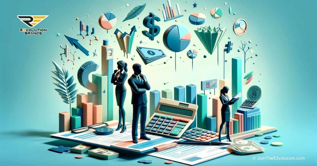 A professional 3D image depicting abstract financial planning elements, calculators, graphs, and silhouettes of business professionals contemplating financial documents, in colors #EBB61A and #222222, illustrating the complexity of franchise tax navigation.