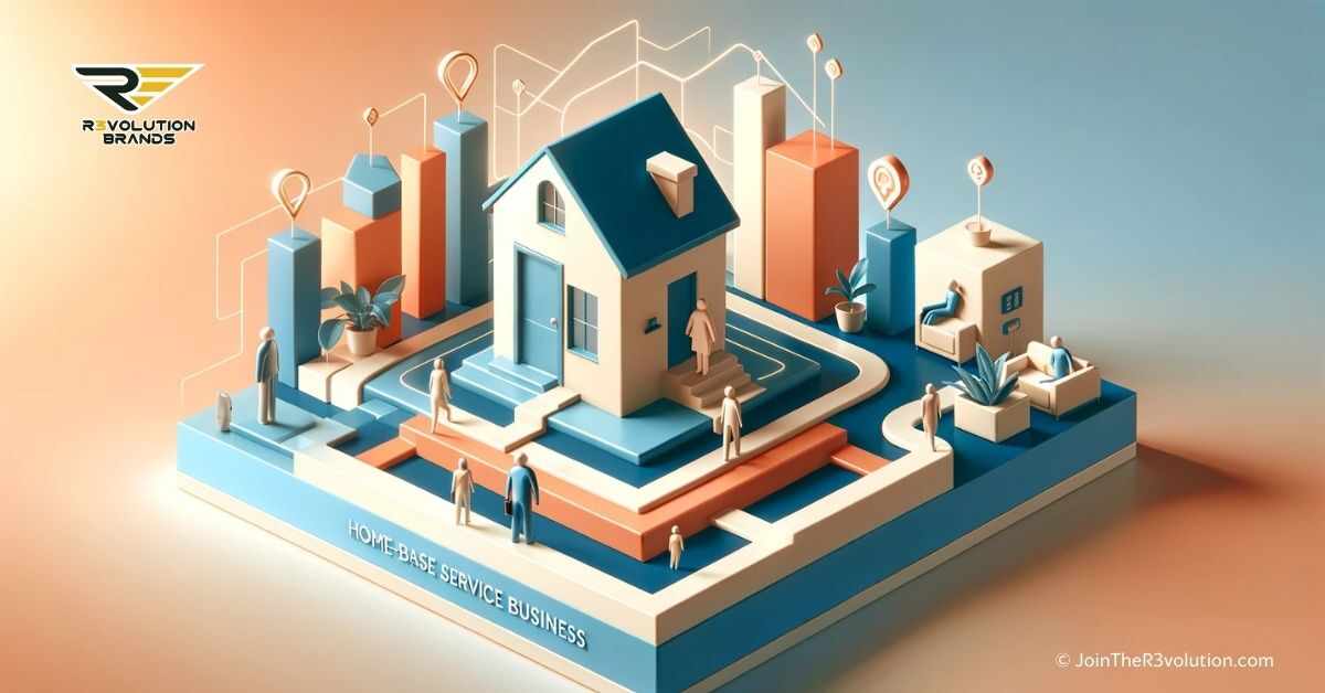 A 3D image showcasing a house symbolizing a home-based business, with abstract steps and silhouettes engaging in service activities, conveying the concept of starting a home-based service in 2024