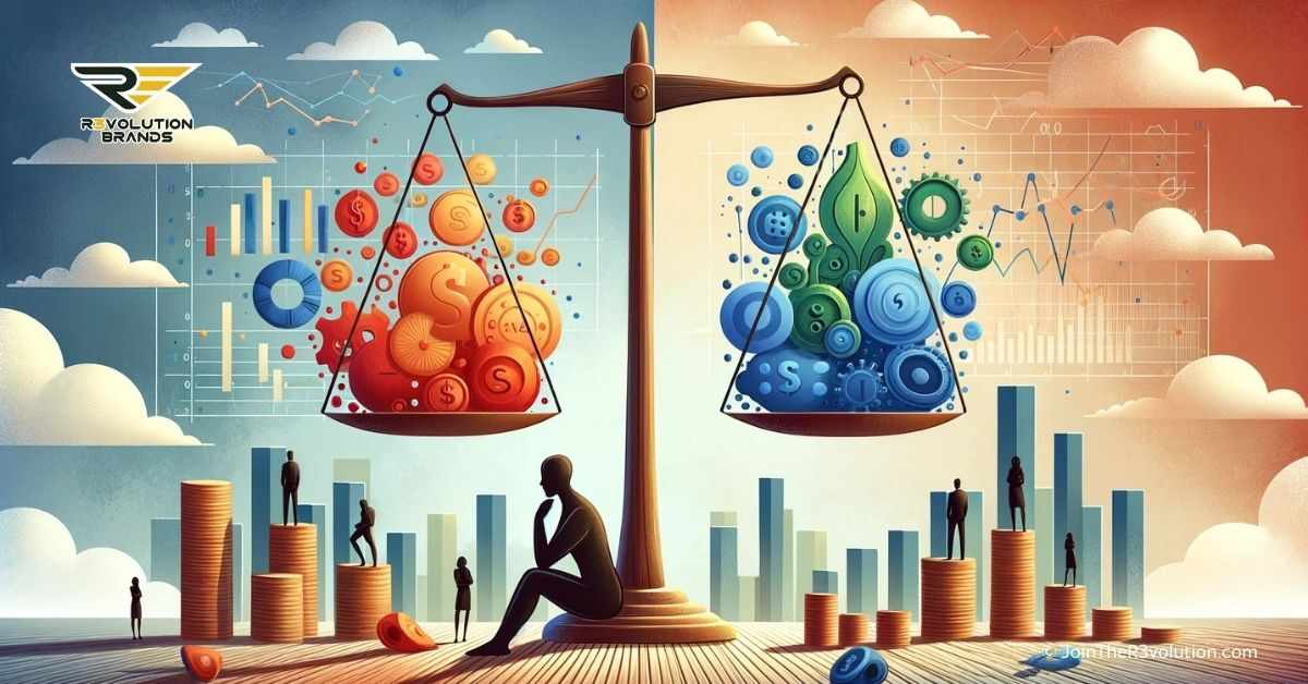 An abstract image depicting scales balancing different investment sizes and silhouetted figures contemplating investments, symbolizing the contrast between high and low start-up costs in business, in colors #EBB61A and #222222