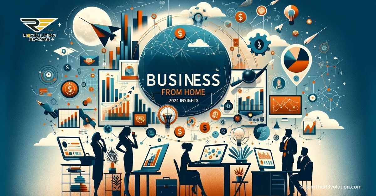 A modern image depicting an abstract home office setting with digital communication tools and silhouettes engaged in entrepreneurial activities, in colors #EBB61A and #222222, symbolizing the innovation and success of starting a home-based service business.