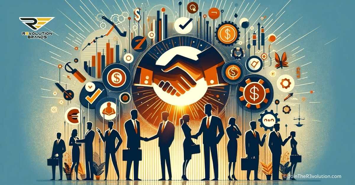 An abstract image depicting elements of negotiation and agreement, with silhouettes engaged in business interactions, symbolizing successful business dealings and value maximization in colors #EBB61A and #222222.