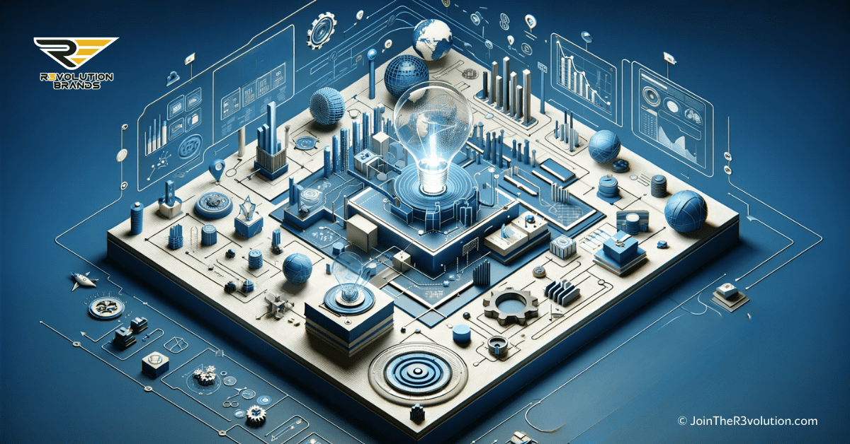 3D rendering of an abstract business plan or blueprint with charts, graphs, and strategic pathways, symbolizing expert advice for entrepreneurial success.