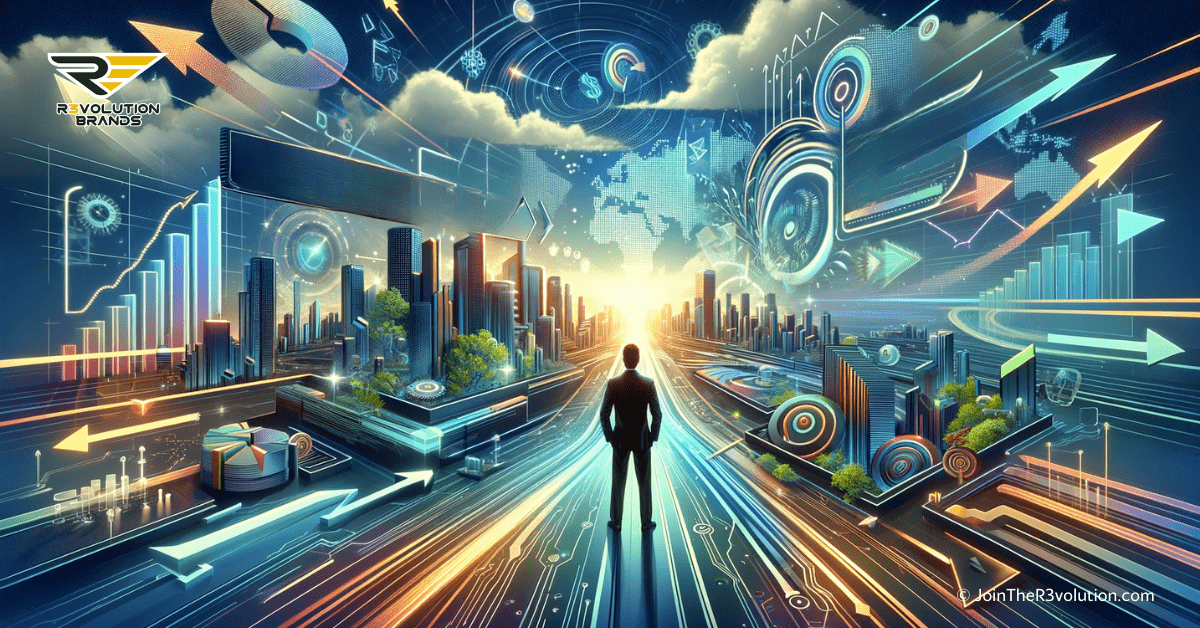 3D rendered image portraying the process of identifying and capitalizing on emerging business trends, with futuristic elements and vibrant colors symbolizing innovation and foresight.