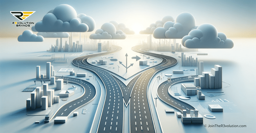 3D rendering of a forked road in a business environment, symbolizing decision-making in choosing the right franchise opportunity.