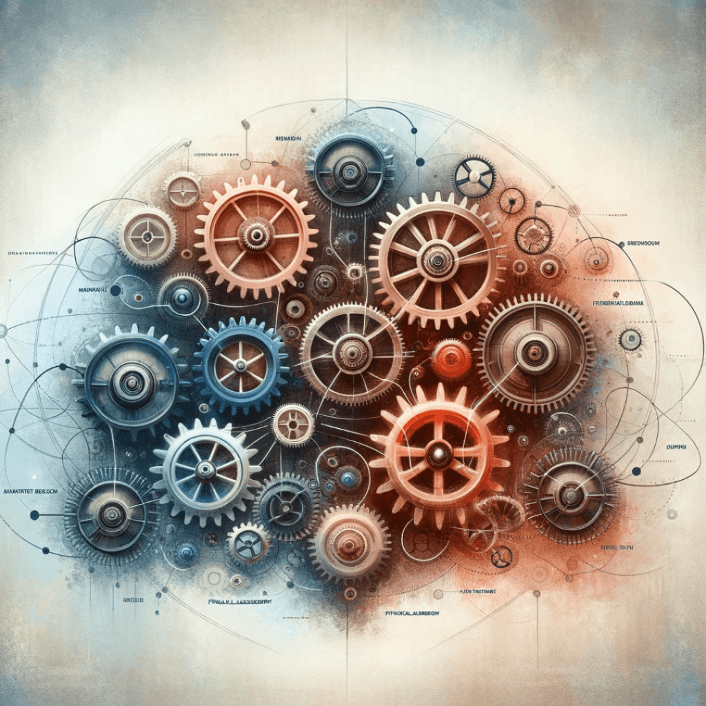 Abstract image showcasing interconnected gears and cogs in brand colors, symbolizing the interconnected elements of smart franchise investment like market research and strategic planning.