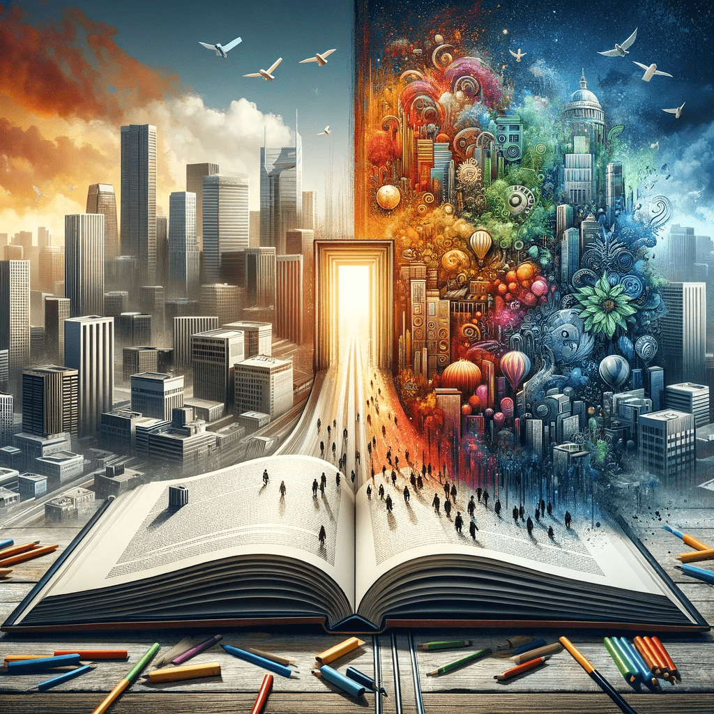 A large open book transforming into a vibrant cityscape, representing the journey of franchise ownership to success.