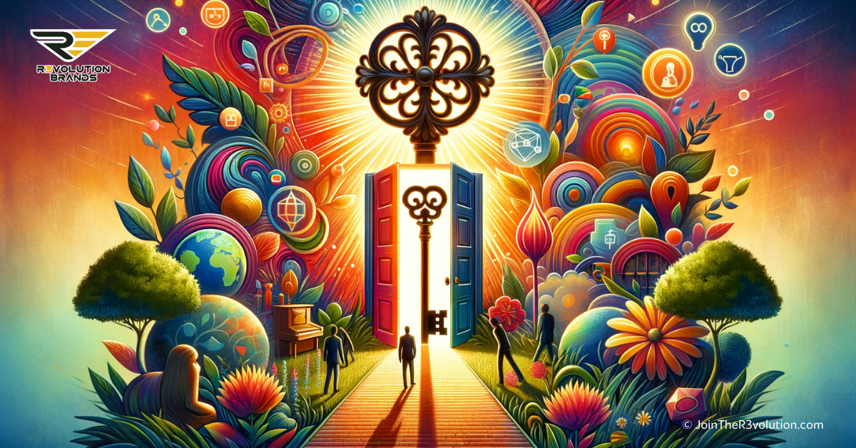 A metaphorical scene with a key unlocking a colorful door in a vibrant garden, symbolizing franchise opportunity access.