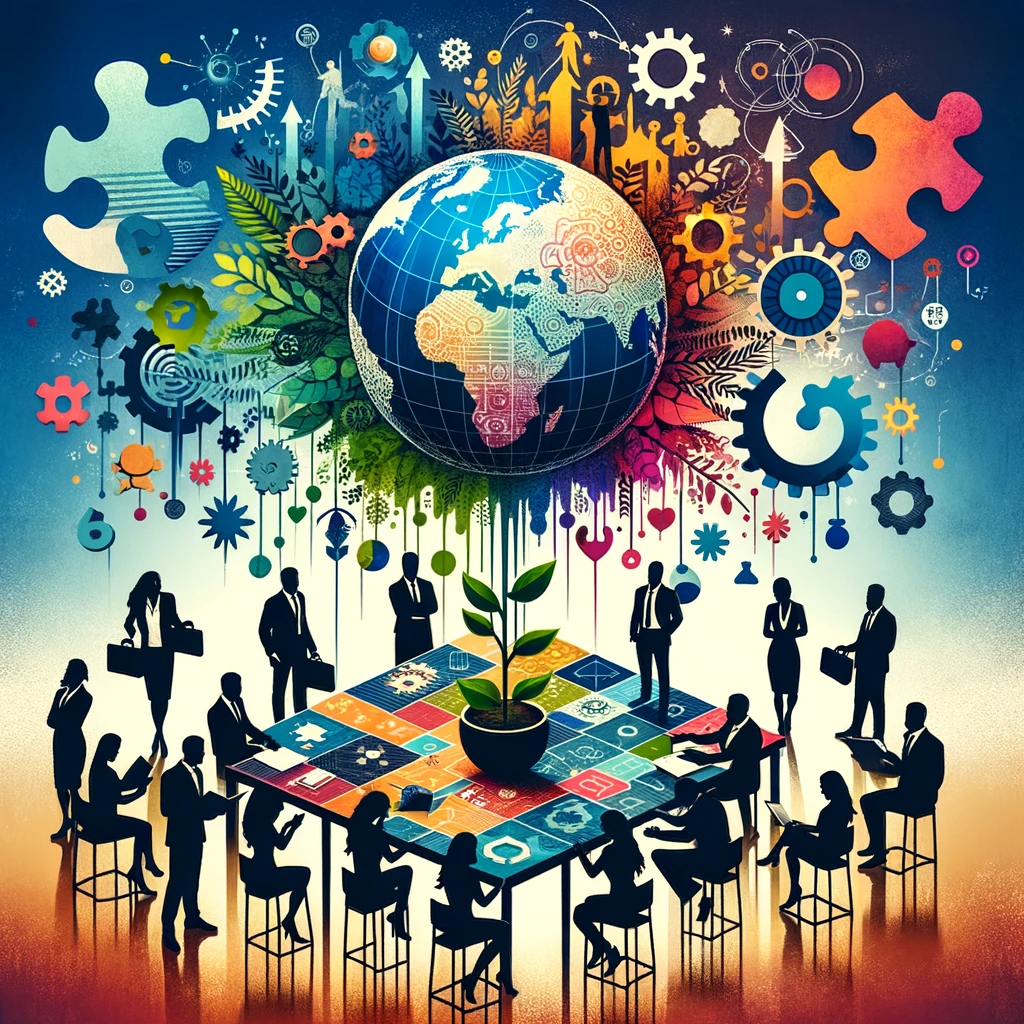 Diverse silhouettes around a metaphorical table with a globe, growing plant, and puzzle pieces, symbolizing global franchising collaboration.