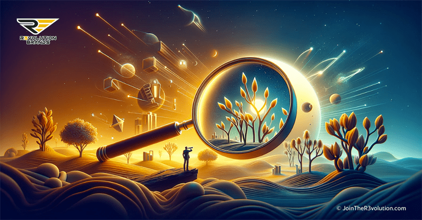 An abstract 3D image depicting the discovery of early business opportunities, with elements like magnifying glasses on budding entities and figures symbolizing exploration, in R3volution Brands' colors.