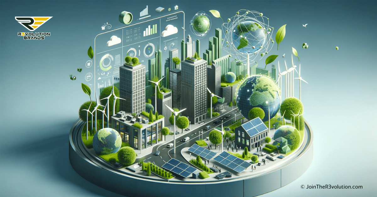 3D rendering of green energy solutions and corporate elements, illustrating the importance of sustainability in modern business.