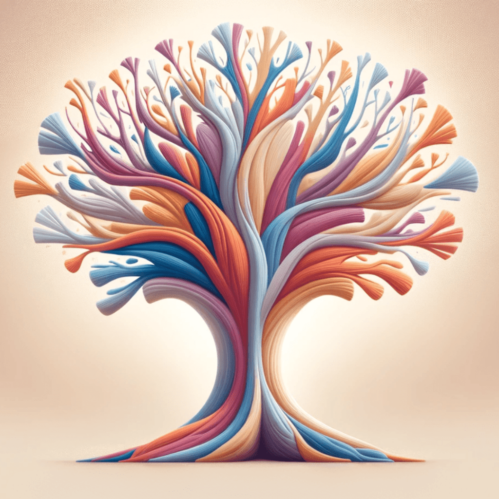 Abstract image of a central tree with branching outwards in brand colors, representing growth and expansion possibilities in franchise investments.