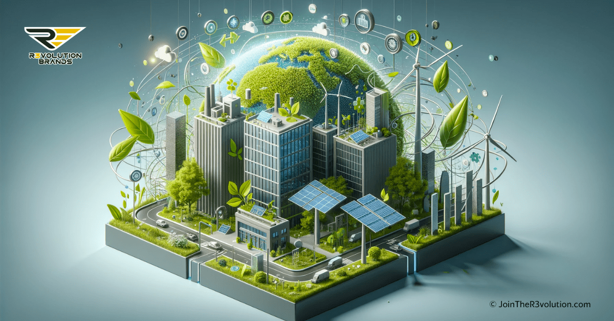 3D rendering of green technology and modern business elements, symbolizing the integration of sustainability in business.