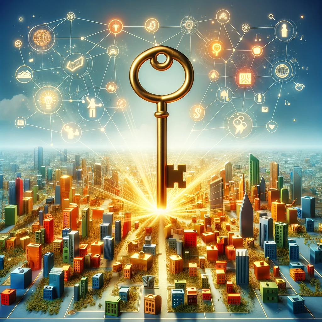 A golden key over a dynamic miniature cityscape, representing the network and benefits of franchise ownership.
