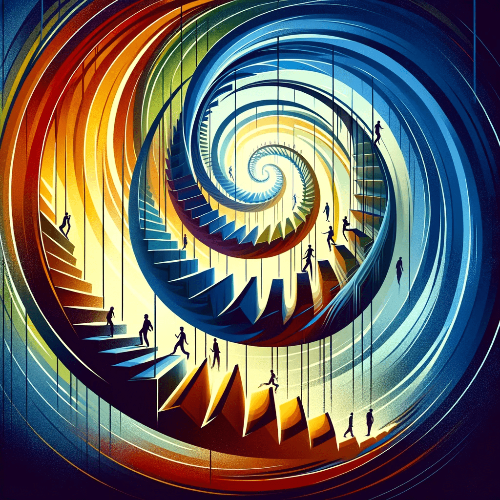 Abstract representation of a franchise business journey, depicted as a central spiral staircase with abstract figures ascending and descending, symbolizing business challenges and successes.