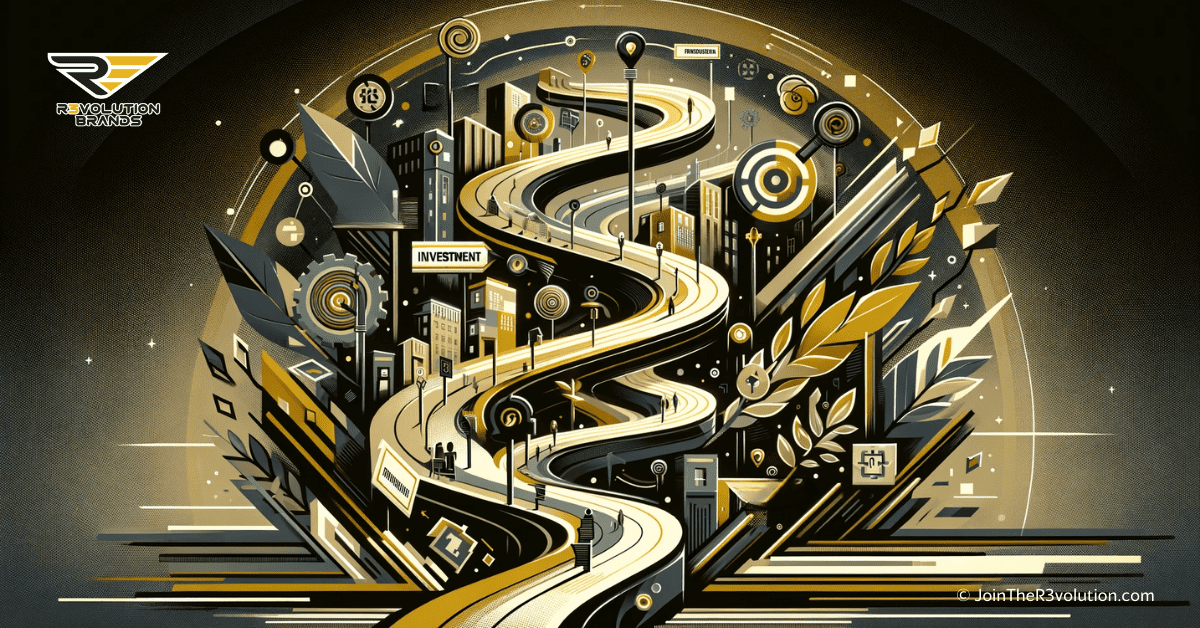 Abstract, text-free landscape with a symbolic winding path and markers, in gold and dark gray, denoting franchise ownership preparation stages.