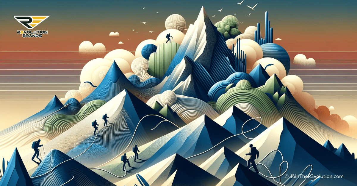 Abstract image illustrating the highs and lows of franchise business with a stylized landscape of peaks and valleys, featuring abstract figures navigating the journey.