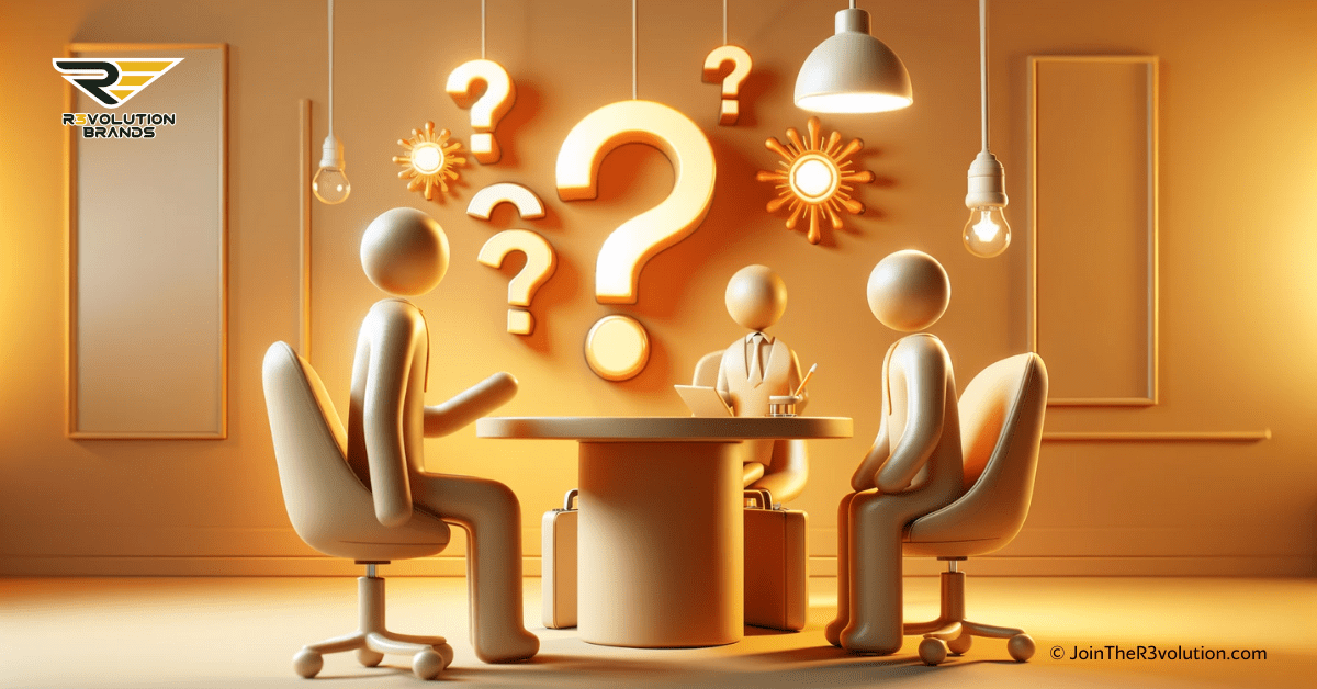 3D rendered image of a professional setting with two abstract figures, symbolizing a client and a business coach in discussion, with question marks and lightbulbs above a round table.