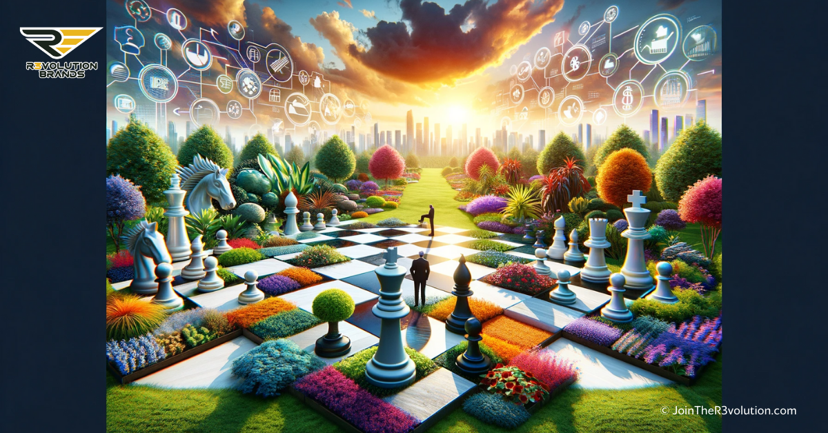 A conceptual park with a chessboard pattern symbolizing strategic franchise investing and abstract figures strategizing.