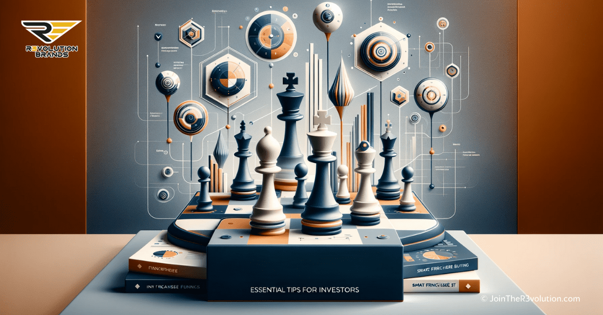 Abstract image depicting strategic decision-making in franchise investments, portrayed as a chessboard with abstract pieces in brand colors, symbolizing various investment strategies