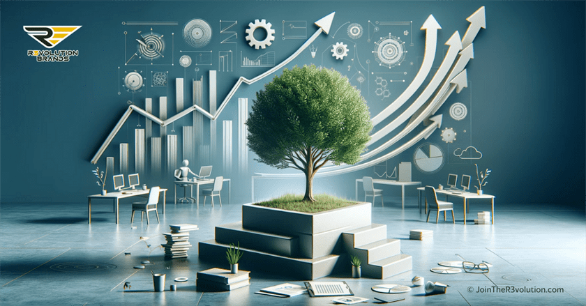 3D rendering of a flourishing tree symbolizing growth, amidst abstract business symbols, representing success in franchise ownership.