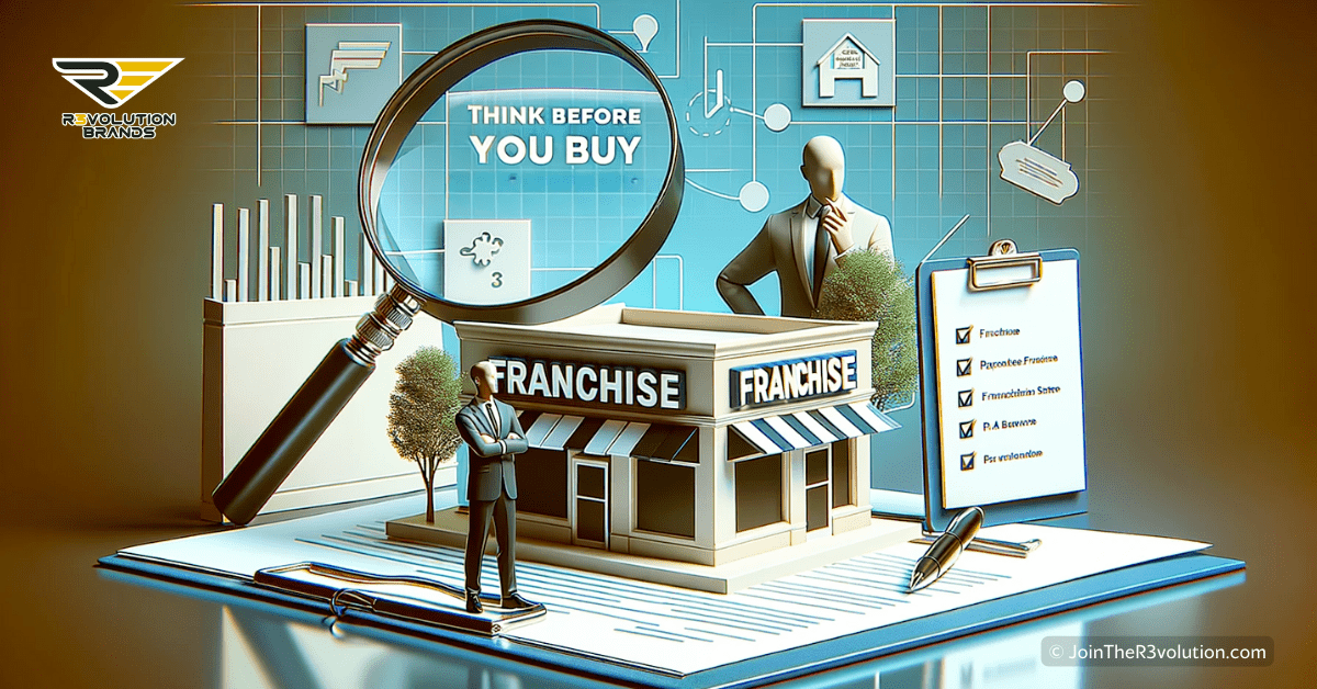Abstract 3D illustration depicting a silhouette of a thoughtful entrepreneur with a magnifying glass inspecting a model franchise store and a checklist, set against a corporate background with tones of gold and dark grey.