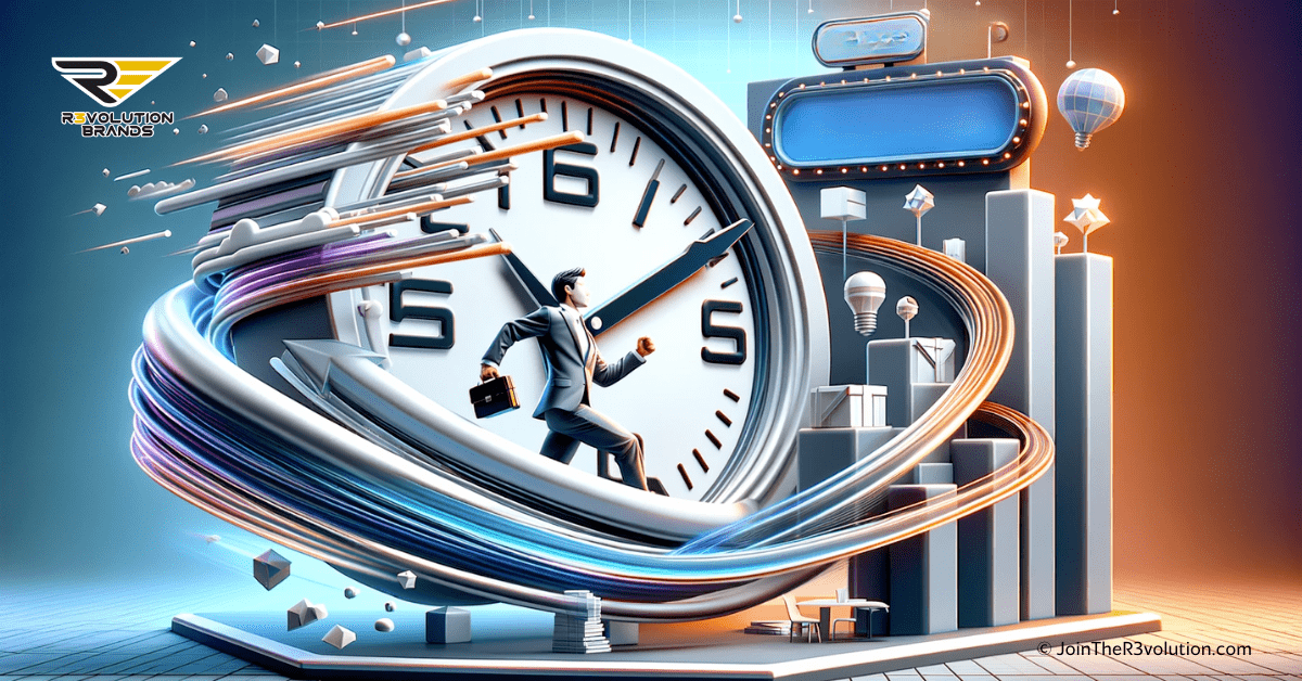 3D illustration of dynamic elements symbolizing fast franchise setup, featuring a fast-forward clock, progressive steps of a growing franchise, and an action-oriented entrepreneur, set against a modern corporate background in gold and dark grey