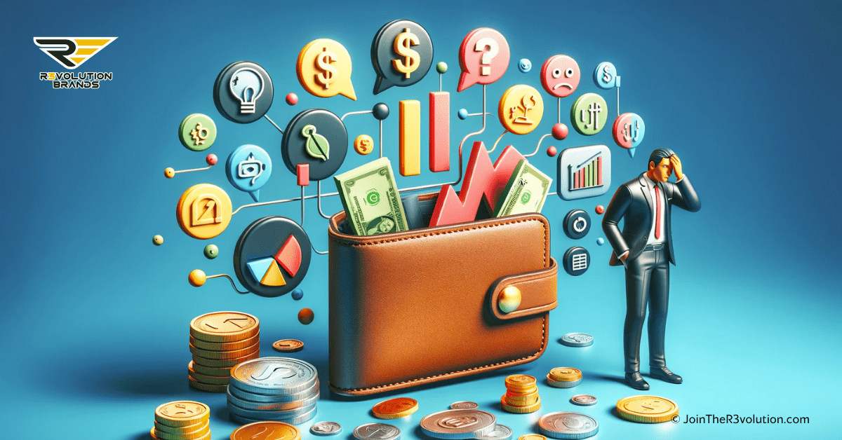 3D illustration of a wallet with coins and bills spilling out, abstract icons for different mistakes, and a worried entrepreneur with financial charts, set in a color scheme of gold and dark grey, highlighting the financial risks in franchise buying.