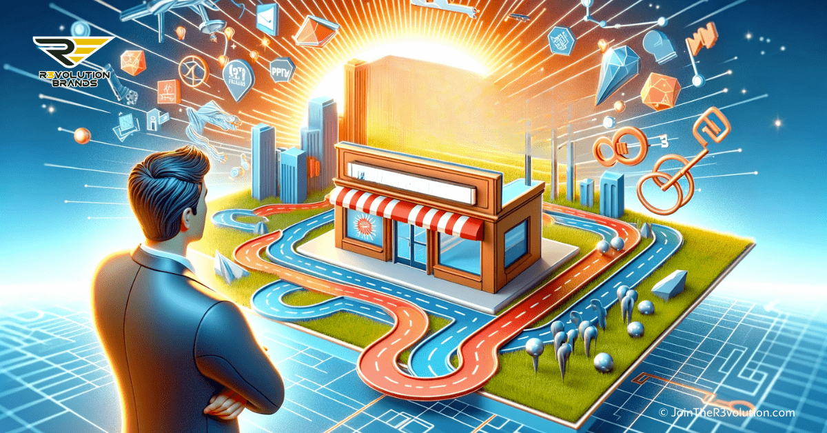 3D conceptual illustration featuring a roadmap leading to a franchise store, a beginner entrepreneur filled with anticipation, and symbolic keys to success, set against a corporate background in gold and dark grey.