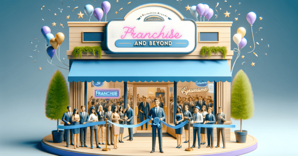 3D illustration of a franchise's grand opening, featuring a ribbon-cutting ceremony, a thriving store, and joyful customers, depicted in a festive color scheme of gold and dark grey.