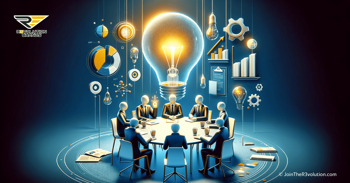 3D illustration of an abstract roundtable discussion with figures representing industry experts, a glowing light bulb symbolizing innovative ideas, and a backdrop featuring a successful franchise model, in a professional color scheme of gold and dark grey.