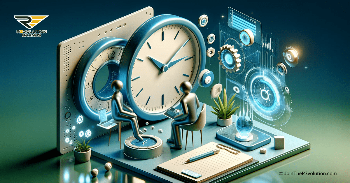 3D rendered image of a modern coaching environment with two abstract figures engaged in a session, featuring elements like a clock, notepad with bullet points, and a digital display.