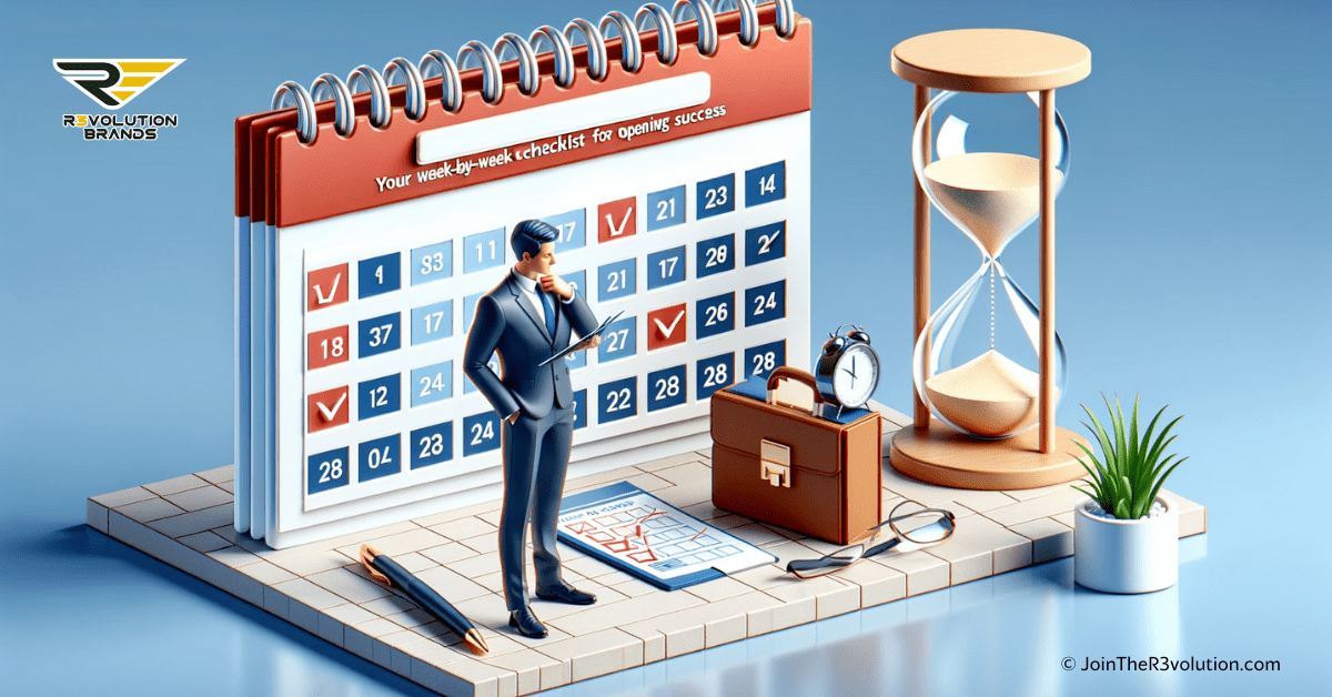 3D illustration showcasing a calendar with key milestones, an hourglass symbolizing a countdown, and a confident entrepreneur with a checklist, against a background of gold and dark grey, representing structured franchise opening preparations.