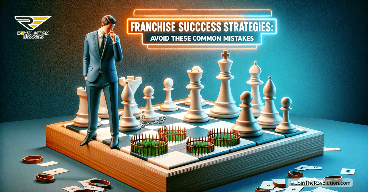 3D illustration of a chessboard with pieces representing strategic decision-making in franchising, traps symbolizing pitfalls, and an entrepreneur contemplating moves, in a color scheme of gold and dark grey.