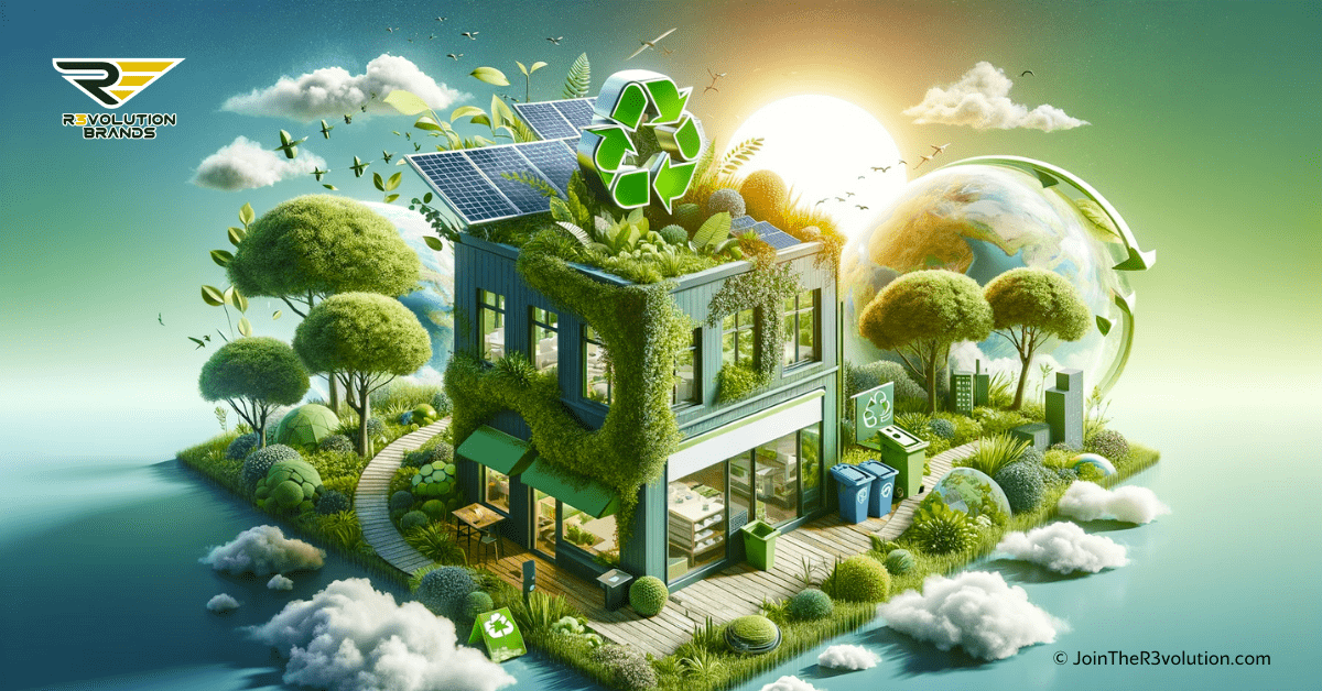 3D illustration of a vibrant green landscape merging with a modern, sustainable franchise storefront, featuring eco-friendly elements like solar panels and a recycling symbol, set against a backdrop of gold and dark grey, embodying environmental consciousness in business.