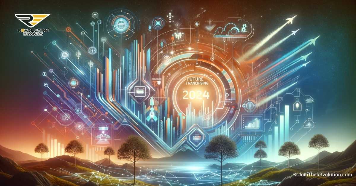 A conceptual visualization of the future in franchising, highlighting technology and sustainability as key drivers in the evolving landscape of 2024.