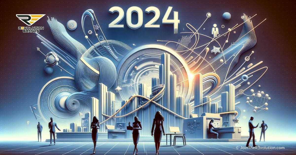 A bold, 3D image representing the evolving trends in the 2024 franchise industry, featuring abstract trend lines and futuristic models, with business figures engaging in new trends, in #EBB61A and #222222.