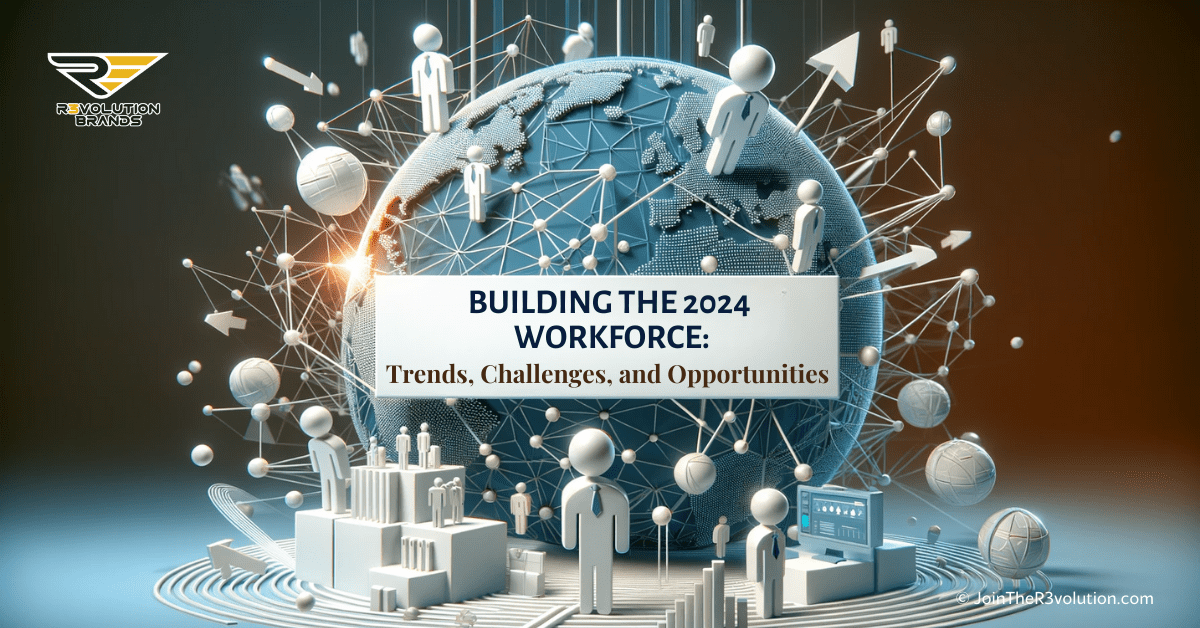 A 3D business-themed image depicting interconnected networks, diverse abstract figures, and forward-pointing arrows in #EBB61A and #222222, symbolizing a dynamic, evolving workforce.