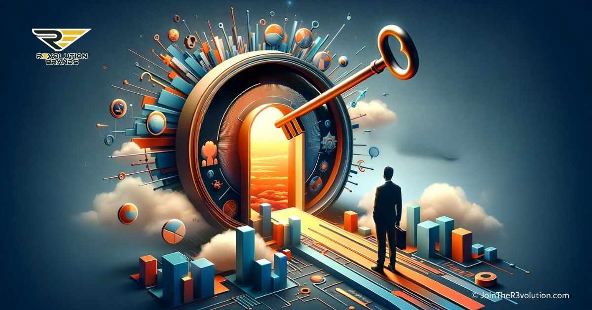 A dynamic 3D image depicting a stylized key unlocking a futuristic door, with abstract representations of emerging markets and silhouettes of entrepreneurs looking towards a horizon of opportunities, in colors #EBB61A and #222222.