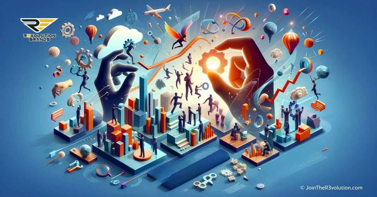 A 3D image depicting abstract hands-on activities and dynamic shapes, with silhouettes engaged in interactive business tasks, symbolizing growth and innovation in business for 2024, using #EBB61A and #222222.