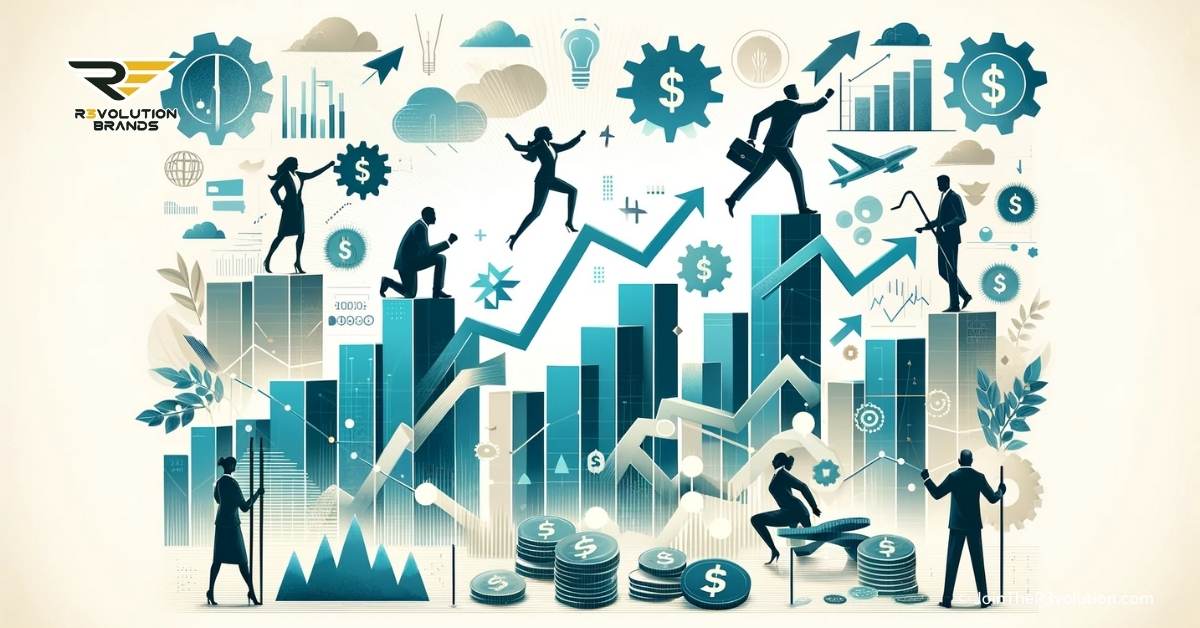 An image symbolizing the overcoming of financial challenges, with abstract hurdles, upward arrows, and silhouettes of business figures strategizing, conveying resilience and strategic planning.