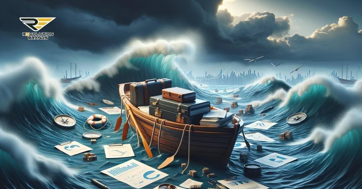 A 3D image showing a small, traditional wooden boat navigating a turbulent sea, loaded with business-related items like briefcases, charts, and a compass. The rough sea and stormy sky symbolize the challenges and high costs faced by businesses in 2024, while the boat represents resilience and determination in business management.