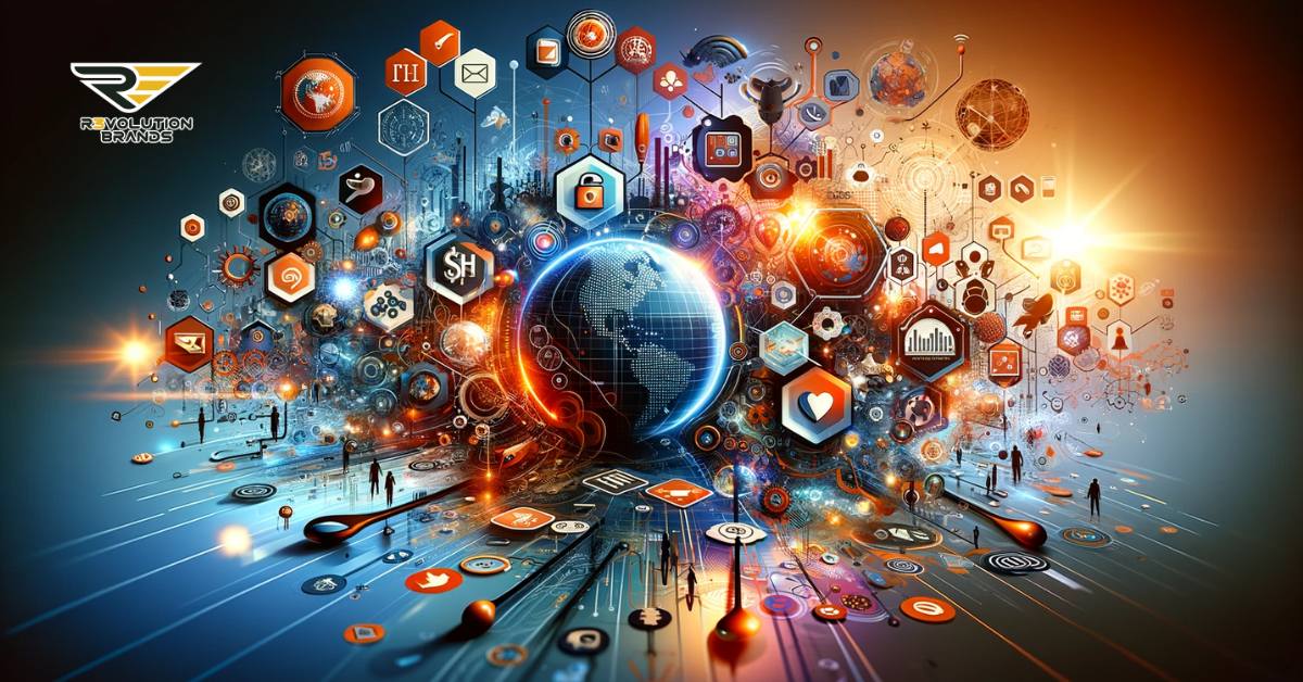 Futuristic blog header depicting social media evolution with abstract digital networks and vibrant icons for a 2024 business trends article.