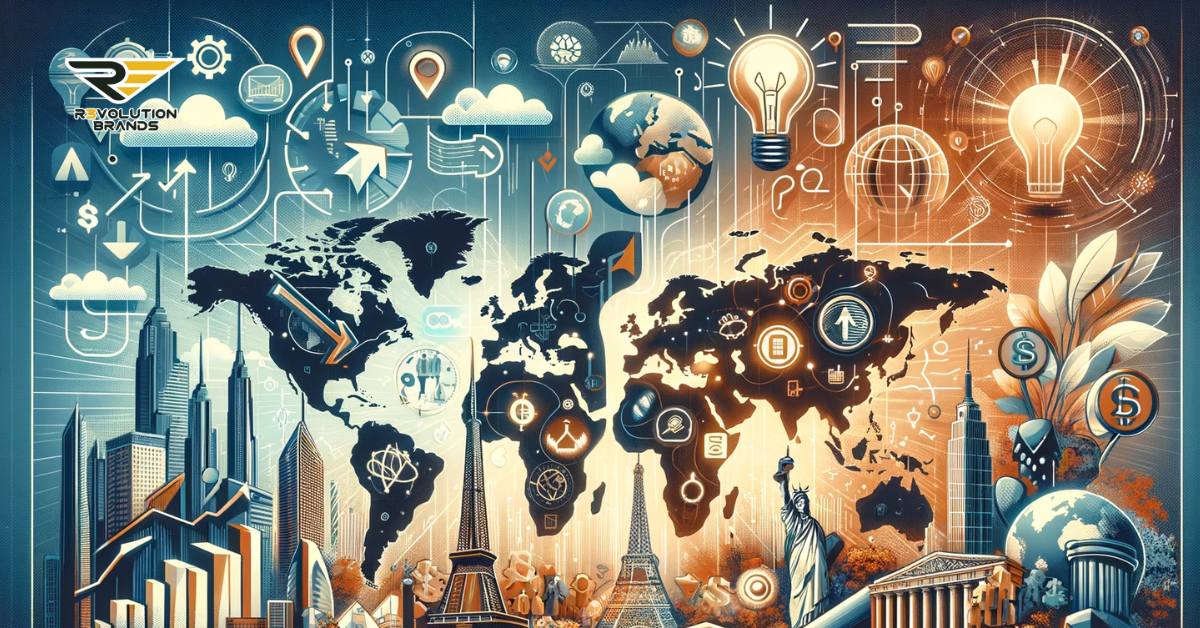 Exploring International Market Trends in 2024: A dynamic composition featuring a world map, international landmarks, and symbols of opportunities and challenges, reflecting the global economic trends of 2024.