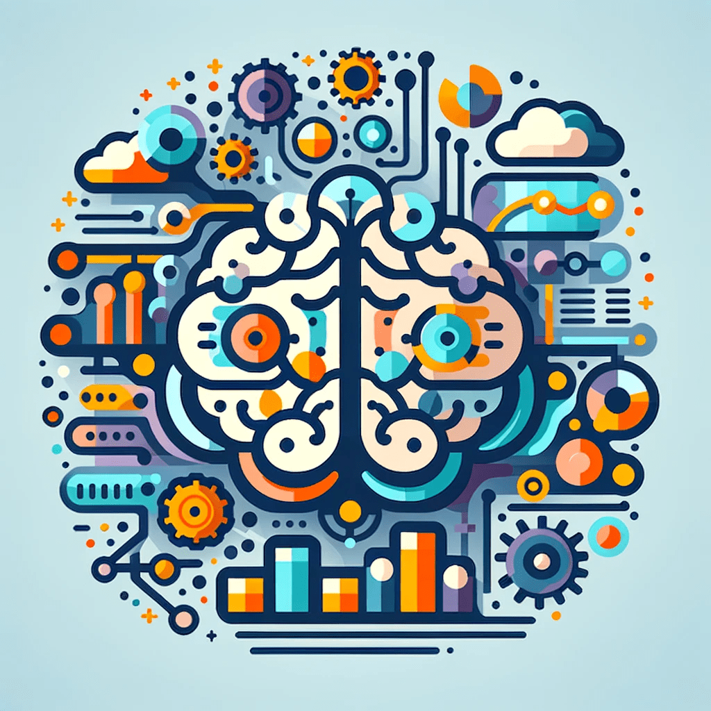 A flat icon depicting the integration of AI and machine learning in business, with symbols like a digital brain and business charts, in #EBB61A and #222222.

