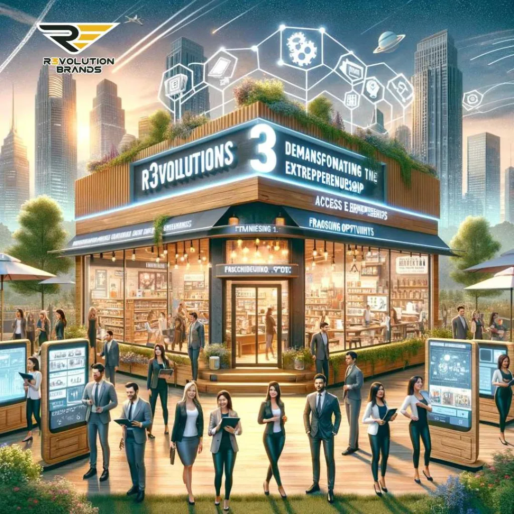 This widescreen image captures the spirit of entrepreneurship democratization by R3volution Brands, featuring a modern, eco-friendly flagship store surrounded by digital panels and kiosks. It symbolizes accessible business ownership and economic empowerment through franchising, showcasing a diverse group of aspiring entrepreneurs gathering in a community plaza, ready to embark on their business journeys.