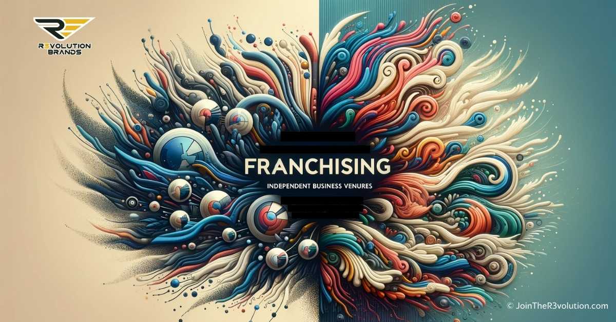 Abstract image depicting the contrast between franchising and independent businesses, emphasizing structured support and brand power in franchising against the autonomy and individuality of independent ventures, portrayed in R3volution Brands' colors.