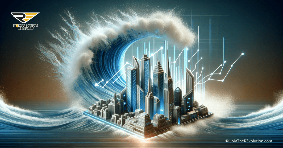 3D image depicting a dynamic wave crashing onto a futuristic cityscape with buildings shaped like graphs, in shades of blue, silver, and gold.